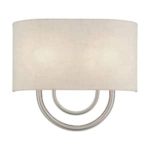 Stratton 13 in. 2-Light Brushed Nickel ADA Wall Sconce with Oatmeal Fabric Shade