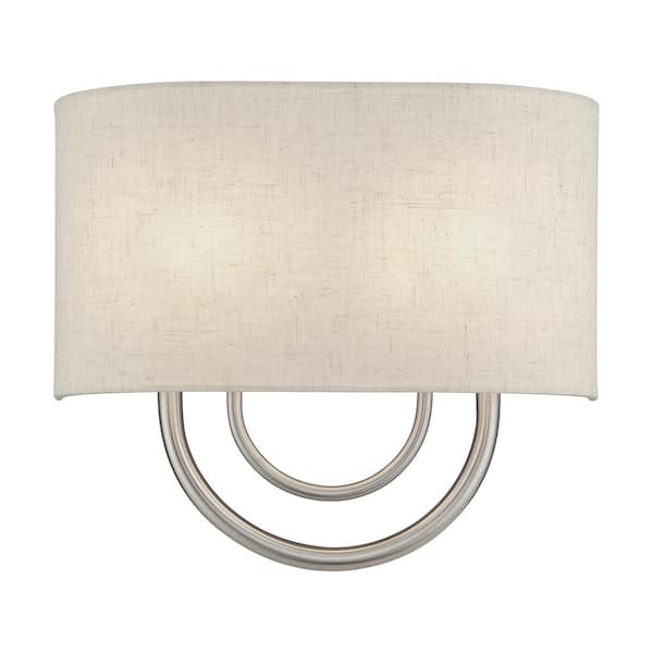 Livex Lighting Stratton 13 in. 2-Light Brushed Nickel ADA Wall Sconce with Oatmeal Fabric Shade