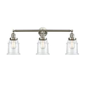 Canton 30 in. 3-Light Brushed Satin Nickel Vanity Light with Clear Glass Shade