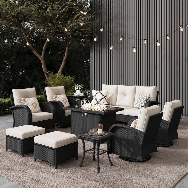 10-Pieces Wicker Swivel Outdoor Chairs Rectangle Fire Pit Patio Conversation Set with Beige Cushions