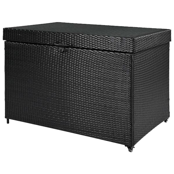 Zeus & Ruta 230 Gal. Black Wicker Deck Box with Wheels Rattan Storage Bin for Patio Furniture