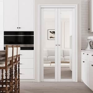 30 in. x 80 in. 1-Lite Mirrored Glass Solid Core White Finished MDF Pivot Bi-fold Door with Pivot Hardware