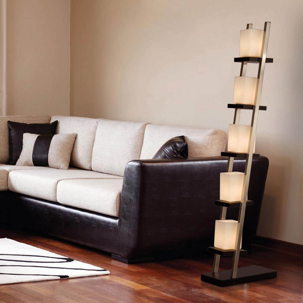 Escalier 5-Light Arc Floor Lamp in Espresso & Brushed Nickel with Off-White Glass Shades