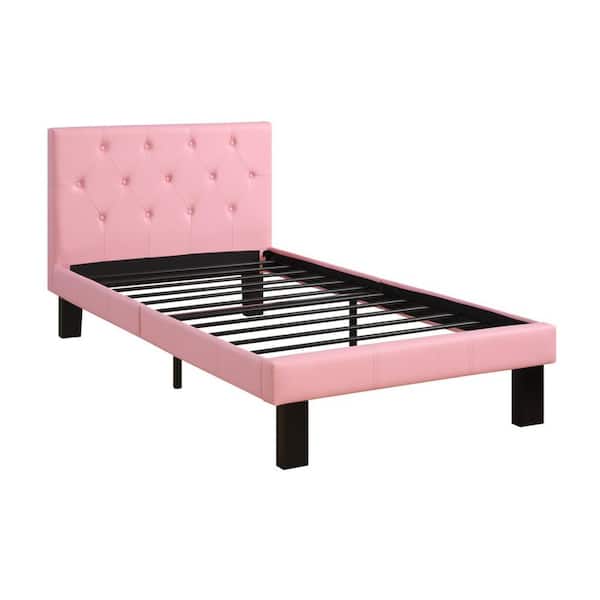 Benjara Faux Leather Upholstered Pink Full Size Bed with Tufted Headboard