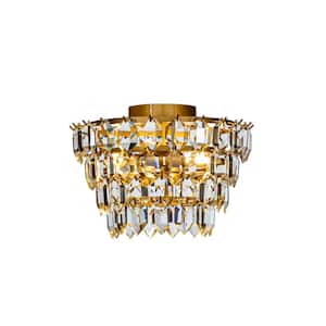 12.6 in. 3-Light Glam Painted Brass Decor Tier Crystal Flush Mount Light