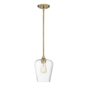 Octave 8 in. W x 10.5 in. H 1-Light Warm Brass Pendant Light with Clear Glass Shade