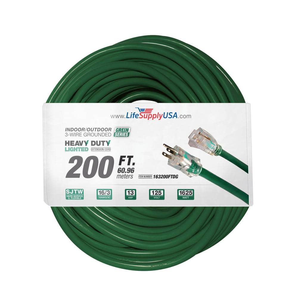 LifeSupplyUSA 200 ft. 16/3 SJTW Green Indoor/Outdoor Heavy-Duty Extra  Durability 13 Amp 125V 1625-Watt w/Lighted end Extension Cord 163200FTDG  The Home Depot