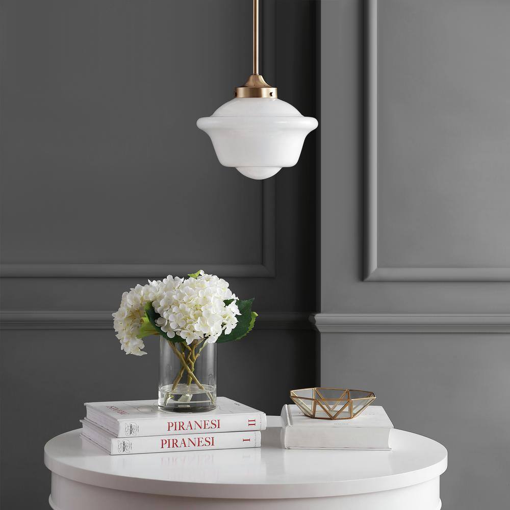 Kurtz 9.5" Brass Gold & White Glass LED Pendant with Adjustable Drop