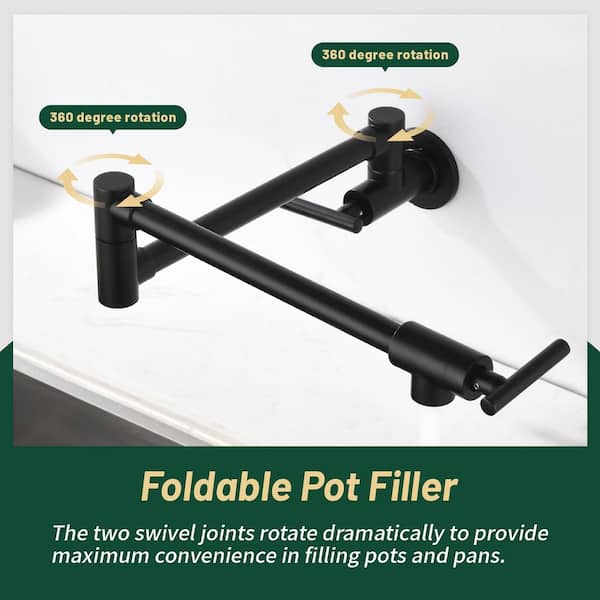 Wall Mounted Folding Pot Filler with Double-Handle Brass Stretchable Kitchen Sink Faucet in Black