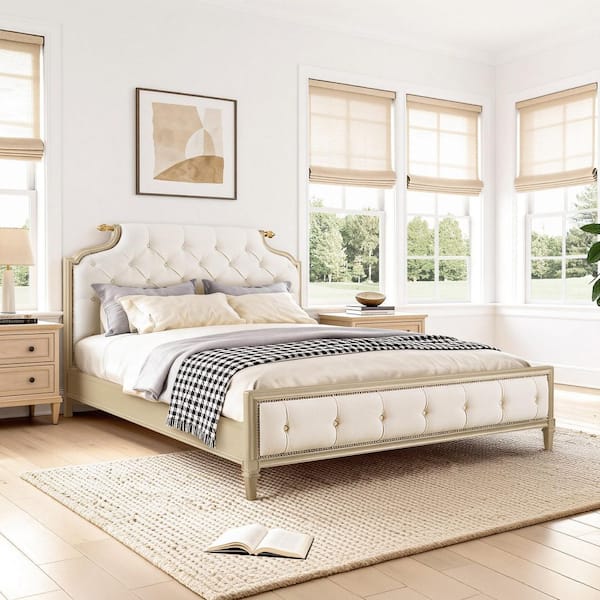 Austin White Wood Frame King Platform Bed Upholstered Bed with Tufted Headboard