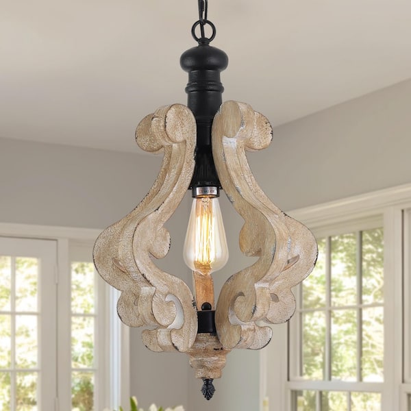 TinHon Rustic 1-Light Wood Pendant Light with Carved