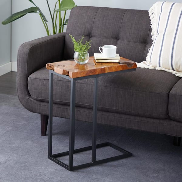 Litton Lane 21 in. Brown Live Edge Top Large Rectangle Wood End Accent Table with Black Metal Base