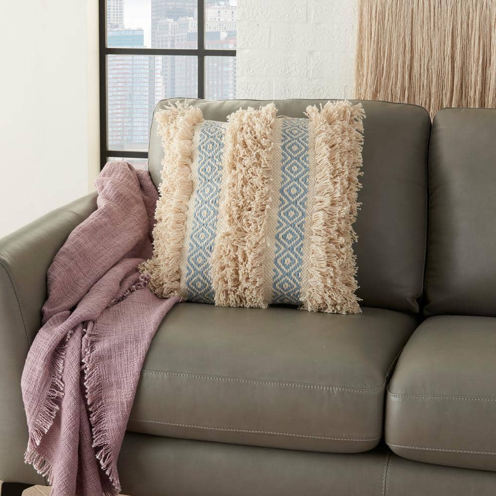 Ocean Blue and Beige Cotton Diamond Stripe 18'' Square Throw Pillow