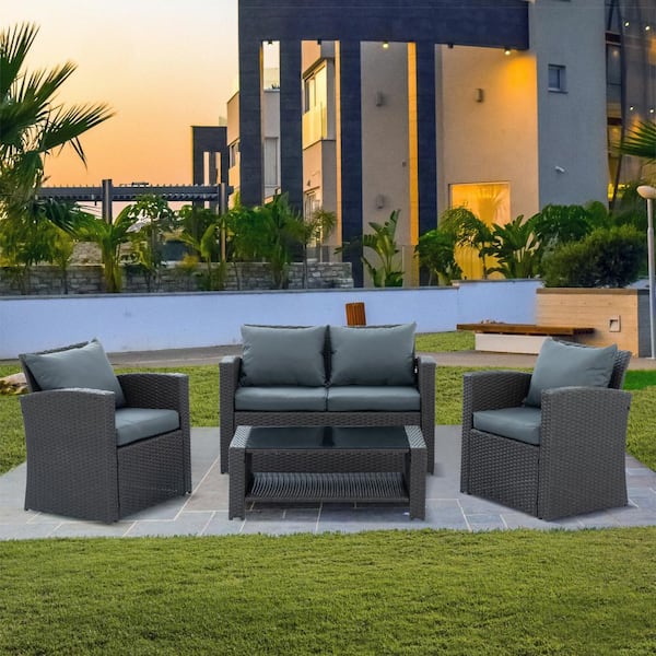 Unbranded Dark Gray 4-Piece Wicker Patio Conversation Set, Outdoor Sectional Set wih Gray Cushions for Backyard Poolside