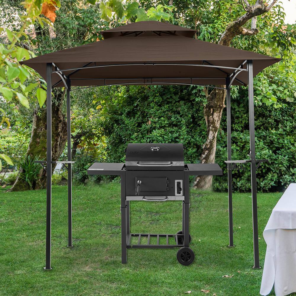 5 ft. x 8 ft. Brown Outdoor Grill Gazebo, Double Tier Soft Top Canopy and S
