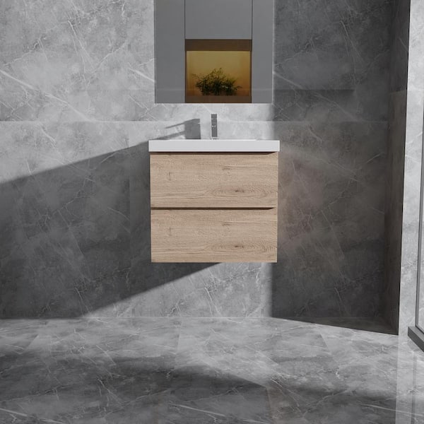 Opvande Alice 24 in. W x 20 in. D x 22 in. H Single Floating Bathroom Vanity in Natural Oak with Solid Surface Sink Top in White