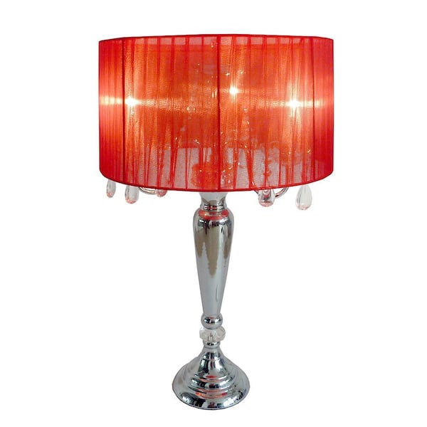 Elegant Designs Crystal Palace 27 in. Trendy Romantic Red Sheer Shade Chrome Table Lamp with Hanging Crystals