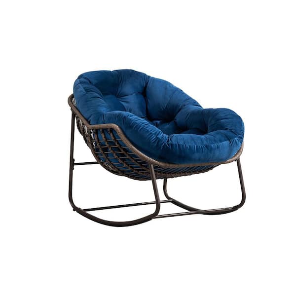 Sudzendf Brown Wicker Outdoor Rocking Chair with Navy Blue Cushions