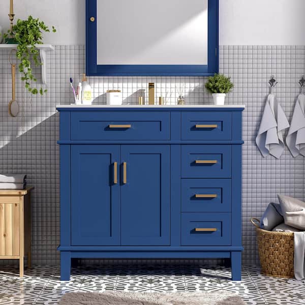 36 in. Freestanding Blue Bath Vanity with White Ceramic Top and 4 Drawers Bathroom Storage Cabinet Unassembled