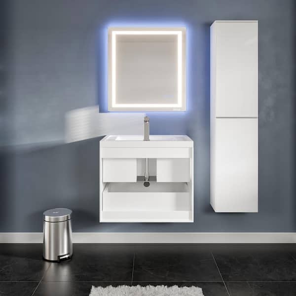 Glazzy 28 in. W x 18.75 in. D x 22 in. H Floating Bathroom Vanity in White with White Acrylic Top with White Sink