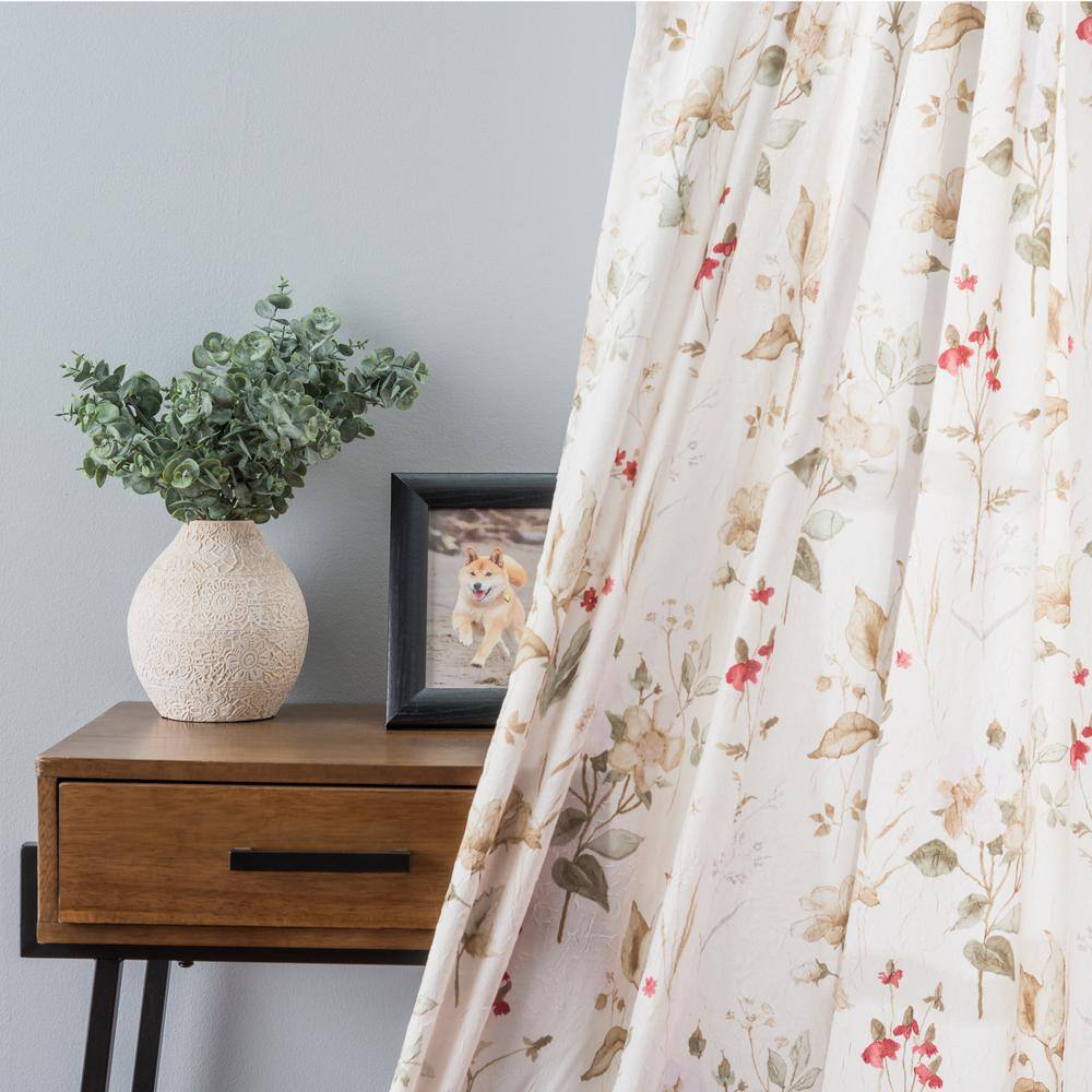 Sophia Floral Red and Beige Polyester Sheer Curtain Panel