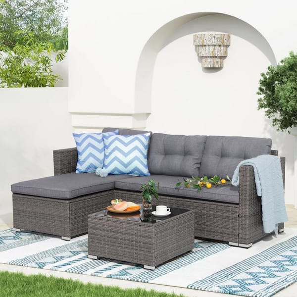 Freestyle Joivi Grey 3-Piece Wicker Outdoor Sectional Set with Grey Cushions