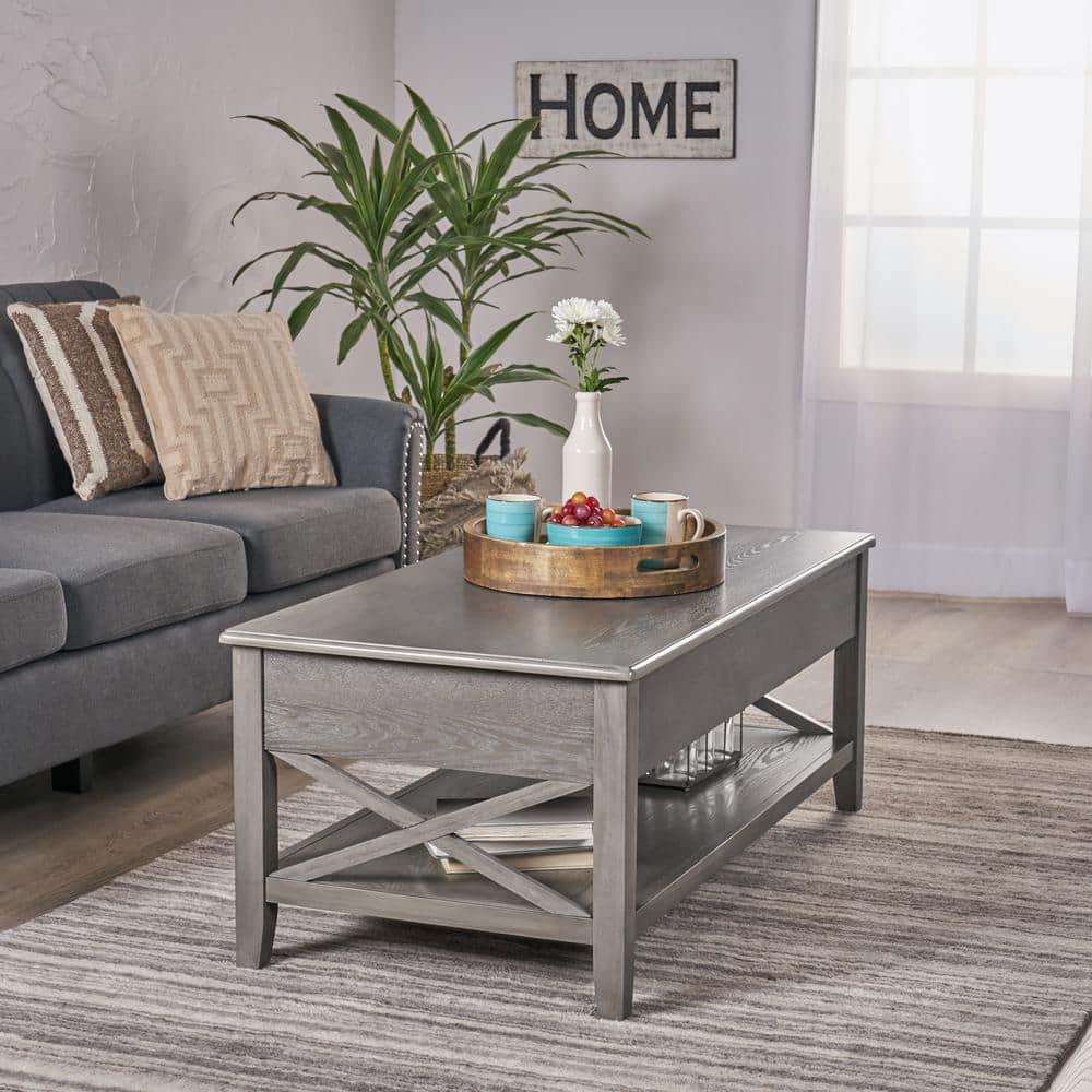 Gray Rectangular Wood Lift-Top Coffee Table with Storage