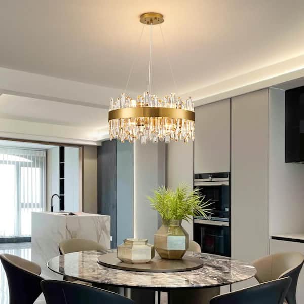 Pacific Core Modern 12 Lights Brass Gold Crystal Round Raindrop