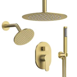 3-Spray Patterns 10, 6 in. Single Handle Ceiling, Wall Mount  Fixed Shower Head Dual Shower Head in Brushed Gold