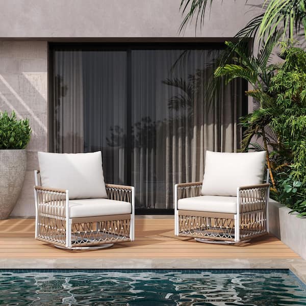 Carey Bohemian Patio Metal and Handwoven Rope Outdoor Swivel Lounge Chairs with Beige Cushions, Natural