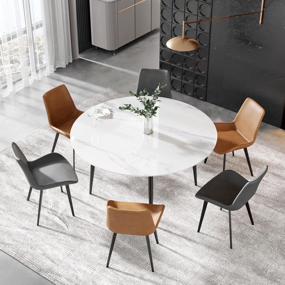 59.05 in. Modern Round Dining Table White Sintered Stone Tabletop Dining Table with Solid Black 4 Legs (Seat 8) -  Magic Home, MH-A-R150W-L1B