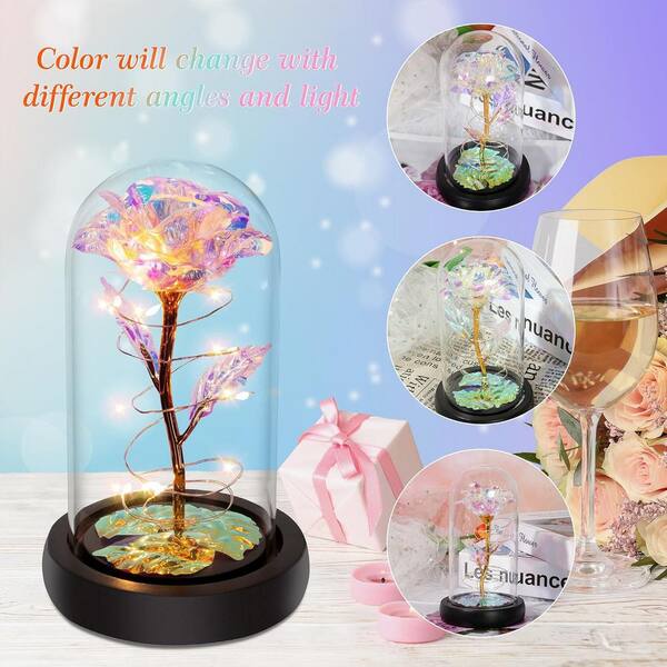 Afoxsos 6.1 in. H Colorful Artificial Rose in Glass Dome with LED