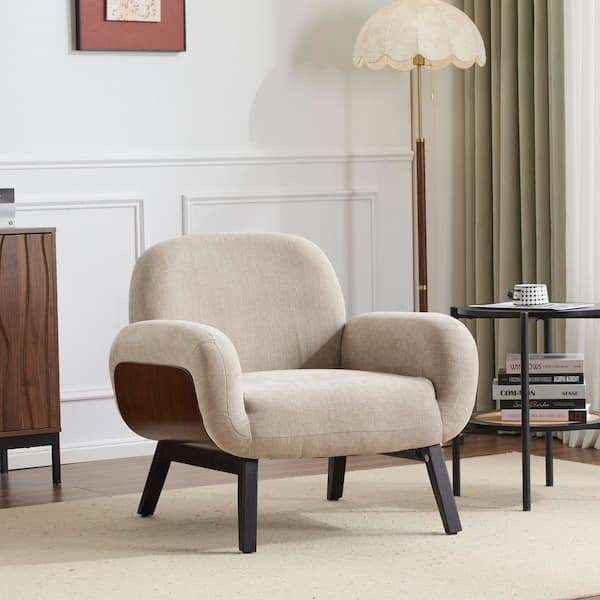 Gina Modern Khaki Fabric Upholstered Accent Chair Arm Chair with Round Arms and Solid Wood Legs