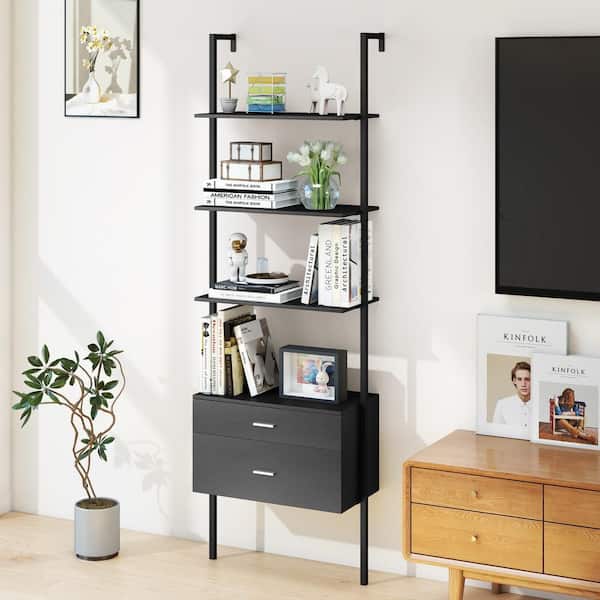 72.5 in. Wood Ladder Bookshelf with Storage Wall Mount Bookcase with 4-Open Shelves Black