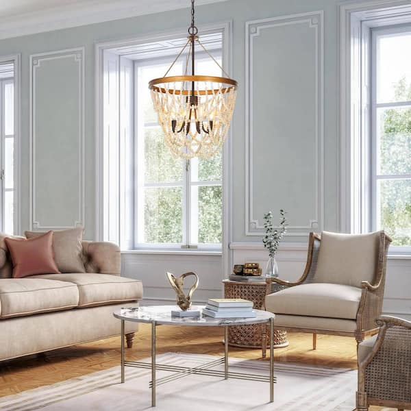 4-Light Antique Gold Drum Chandelier with White Wood Beads