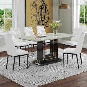 White 7-Piece Faux Marble Top Dining Table Set Seats 6 with U-Shaped Table Base and 6 Upholstered Chairs