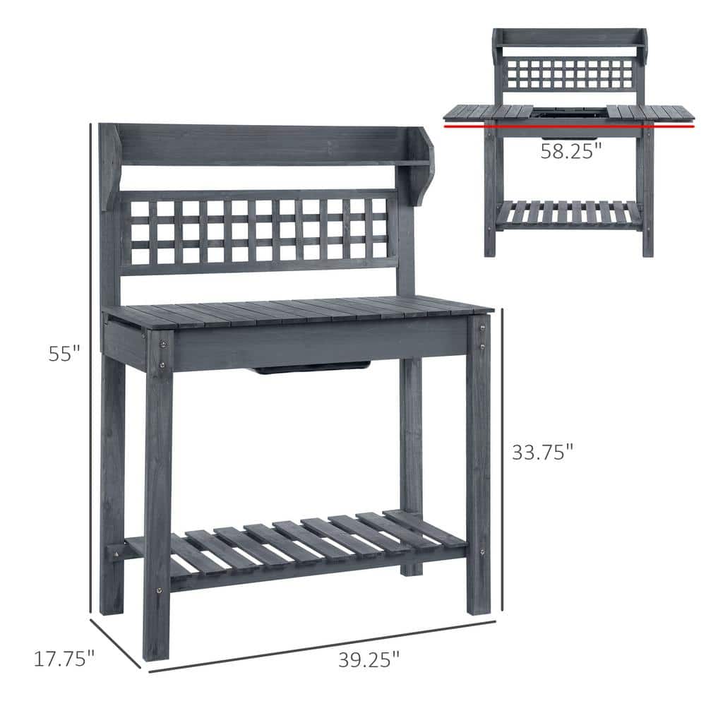 Gray Wooden Garden Potting Bench with Sliding Tabletop and Storage