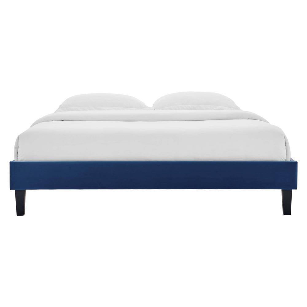 Regal Navy Queen Velvet Upholstered Platform Bed with Tufted Headboard