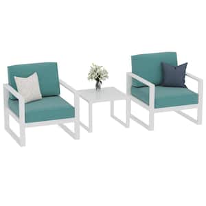 3-Piece Aluminum Patio Single Chairs with End Table Outdoor Bistro Set with Turquoise Cushions