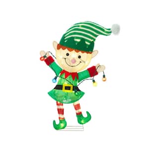 28 in. Tall UL LED Lighted Tinsel Christmas ELF with String Lights Sculpture