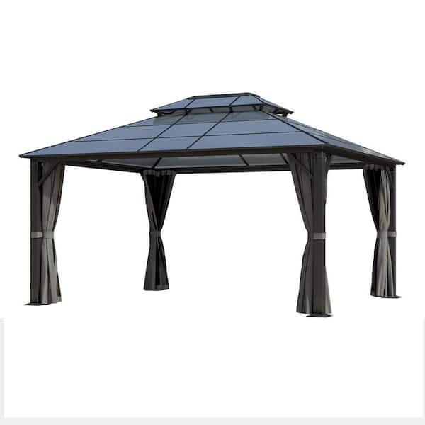 12 ft. x 14 ft. Outdoor Double Polycarbonate Top Metal Frame Hardtop Gazebo with Netting and Curtain for Patio, Backyard