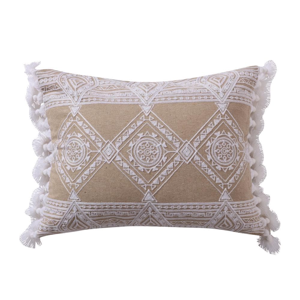Natural Tan and White Embroidered Ikat Tassel Pillow 14x18