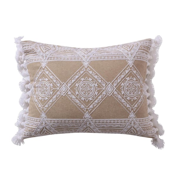 LEVTEX HOME Harleson Taupe White Embroidered Detailed Diamond Ikat Design With Side Tassels 14 in. x 18 in. Throw Pillow
