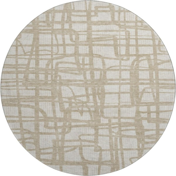 Mayfield Premium Machine Washable Abstract AMF2491 Ivory 8 ft. x 8 ft. Round Rug