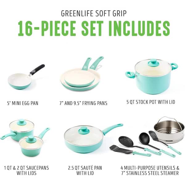 GreenLife Soft Grip Healthy Ceramic Nonstick 16 Piece Kitchen Cookware Pots  and Frying Sauce Pans Set, PFAS-Free, Dishwasher Safe, Red