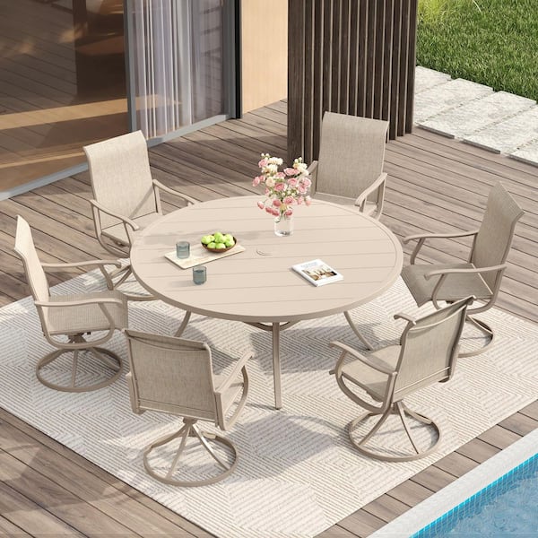 7-Piece Metal Patio Dining Set with Sandshell Round Dining Table and 6 Sandshell Textilene Swivel Dining Chairs