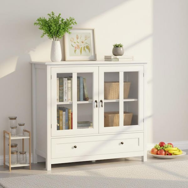 White Buffet Storage Cabinet with Double Glass Doors and Drawer