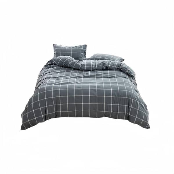 Grey Green Grid 3-Piece Duvet Cover Set ,100% Washed Cotton Duvet Cover Set, Linen-Like Texture, Queen Size
