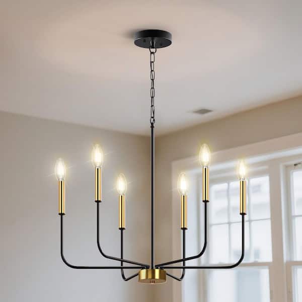 6-Light Modern Black and Gold Branch Chandelier Adjustable E12 Base Hanging Light Fixture for Dining Room