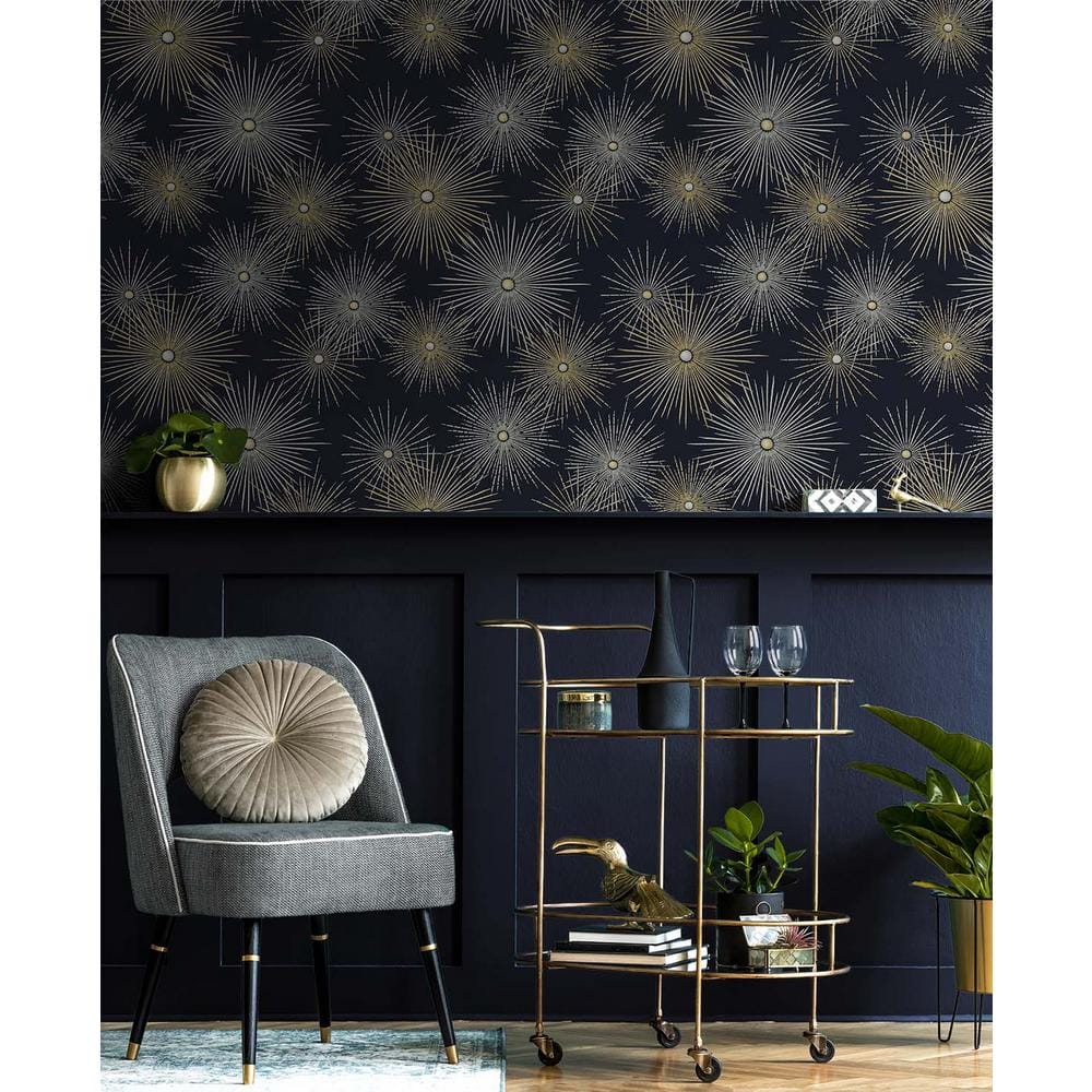 Midnight Blue and Gold Starburst Peel and Stick Wallpaper